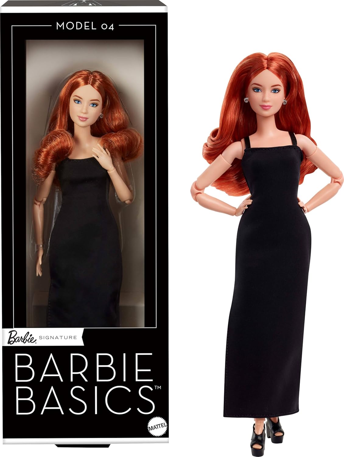 Barbie Basics Collectible Doll (Model 04) With Red Curly Hair, Black Dress & Platform Heels