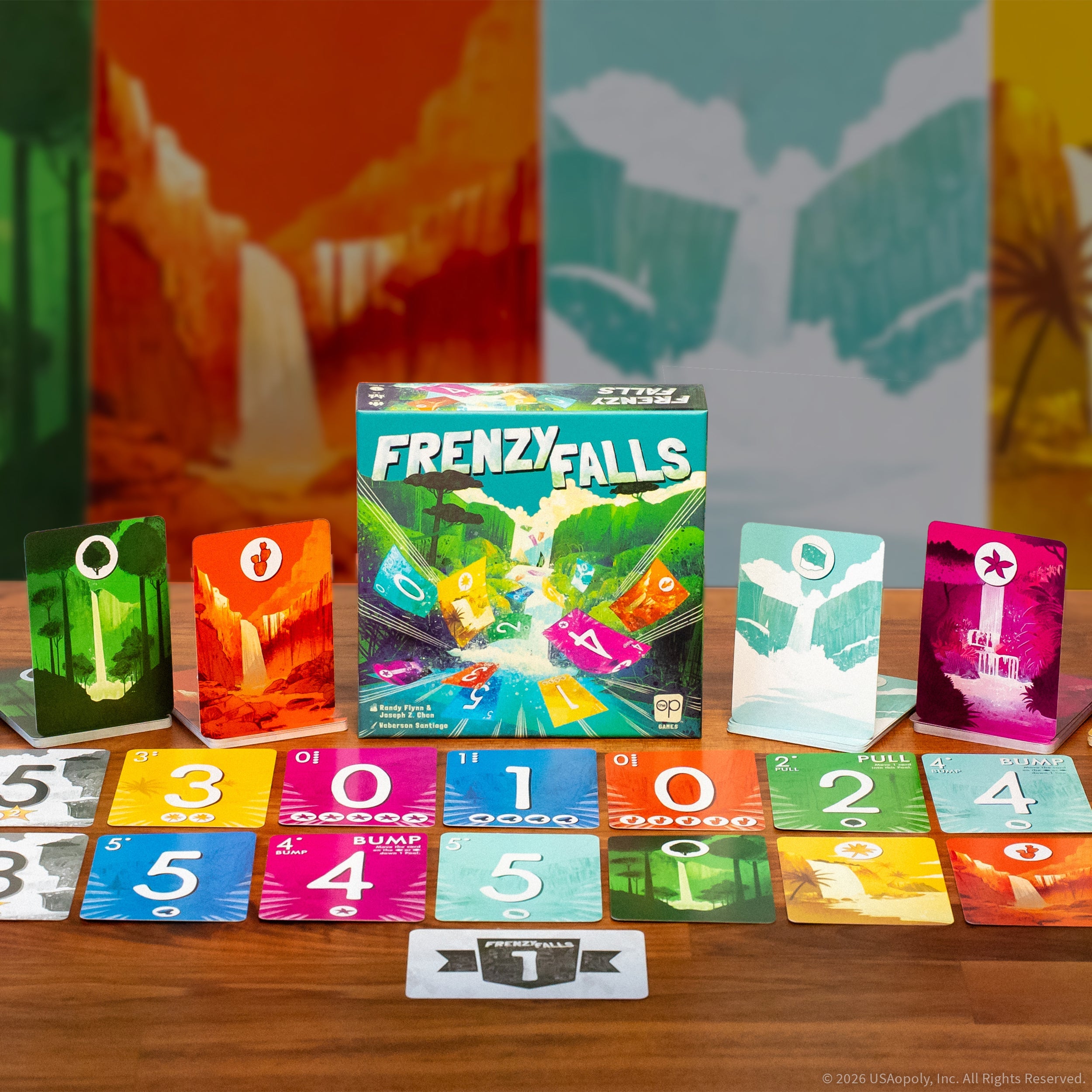 Frenzy Falls card game box and components