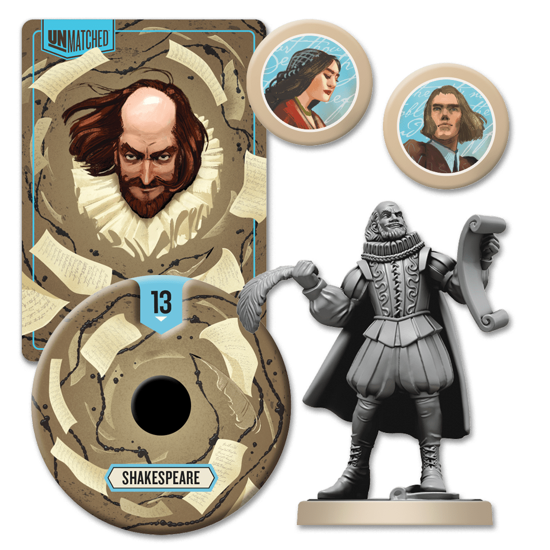 Shakespeare miniature and components from Unmatched Slings and Arrows