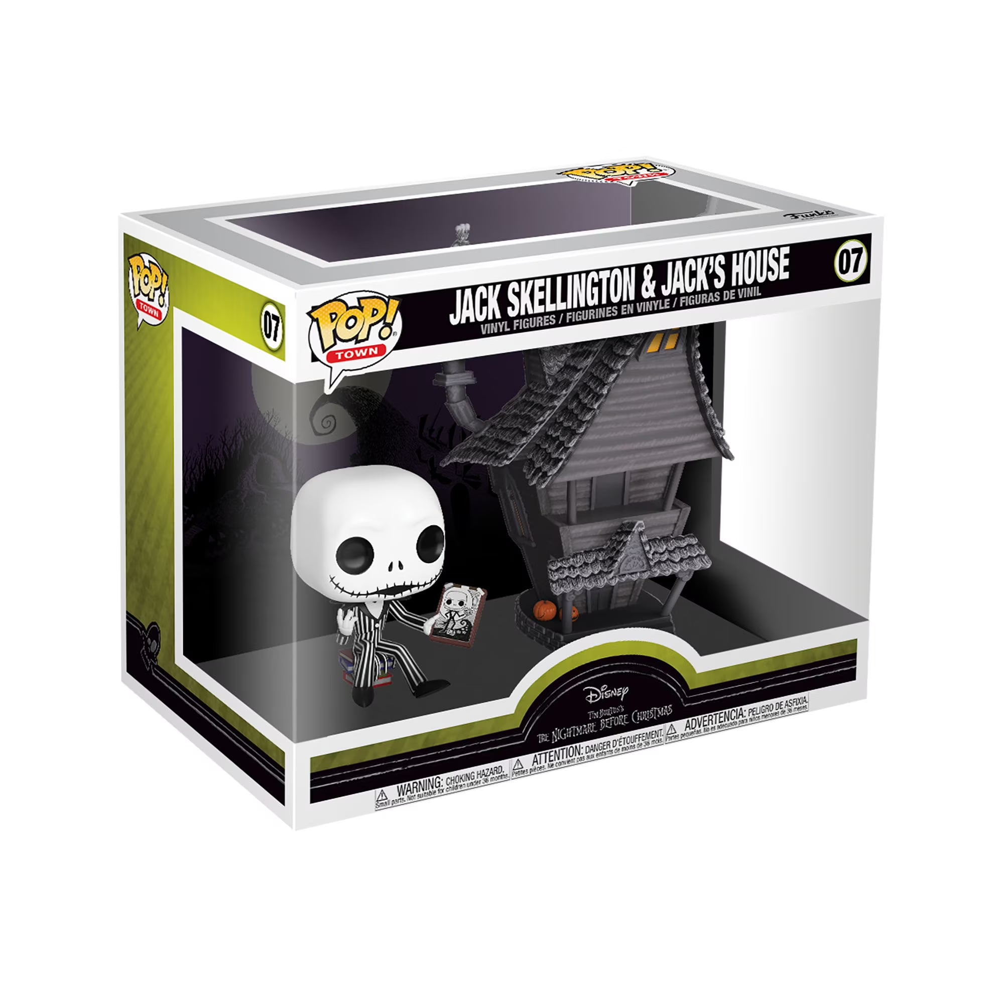 Funko Pop! Movies Jack Skellington and Jack's House vinyl figure in its original window box packaging, featuring the white-headed Jack Skellington holding a small white cat next to a gray haunted house.