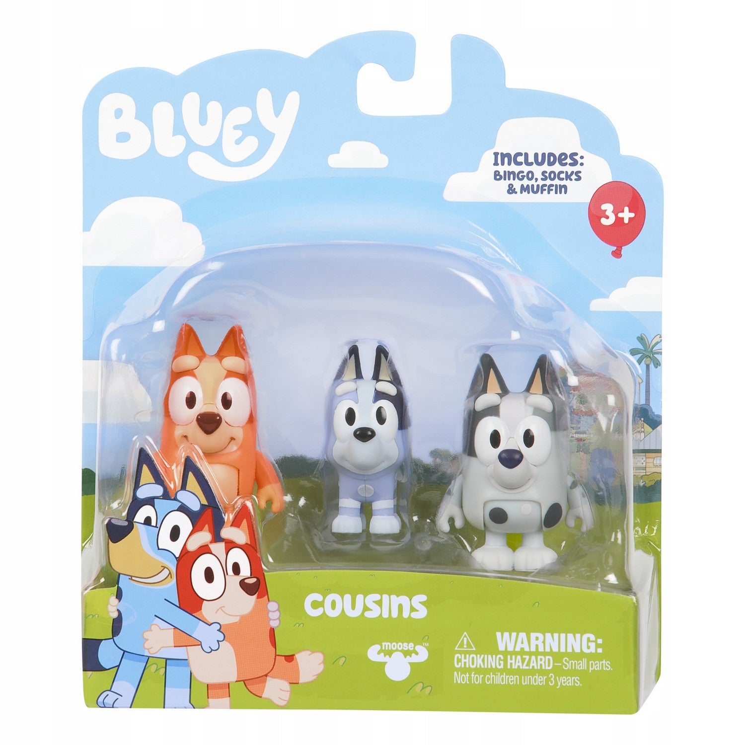 Bluey: Cousins Bingo, Muffin & Socks Figure 3-Pack in retail packaging