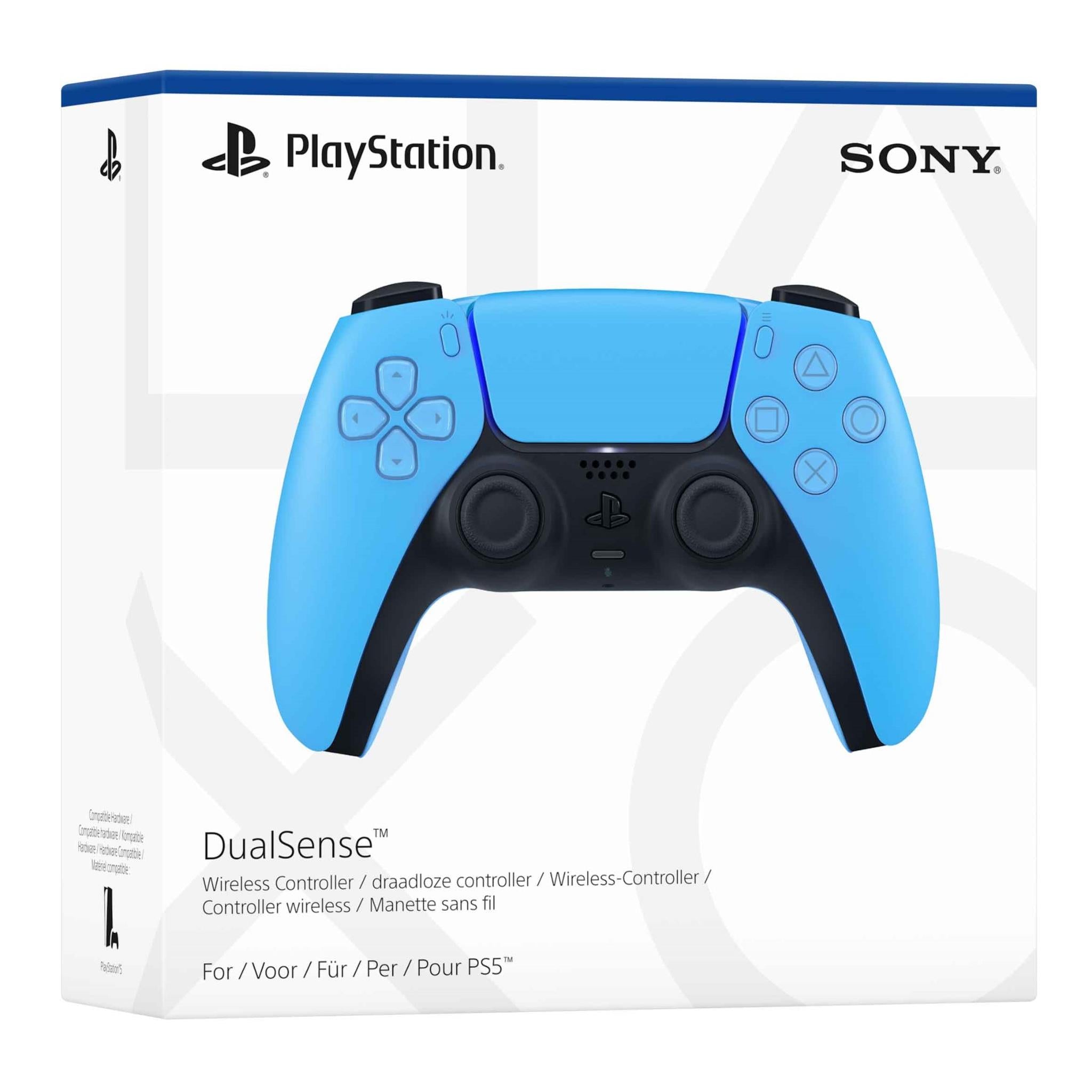 Sony DualSense V3 Starlight Blue wireless controller in retail packaging
