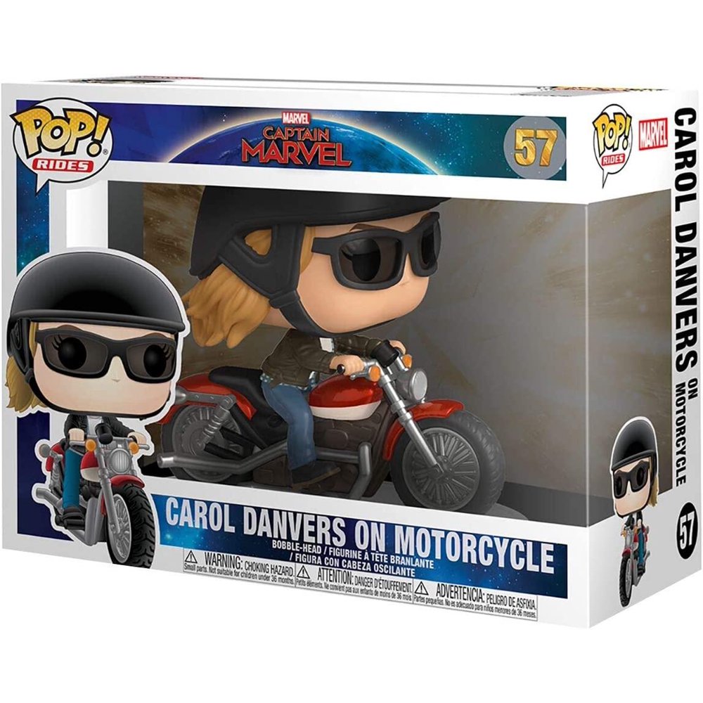 Carol Danvers on Motorcycle Funko Pop Ride in retail packaging