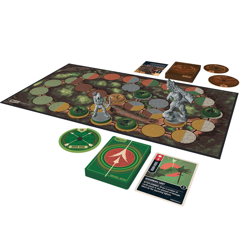 Unmatched Robin Hood vs Bigfoot board, miniatures, cards and components
