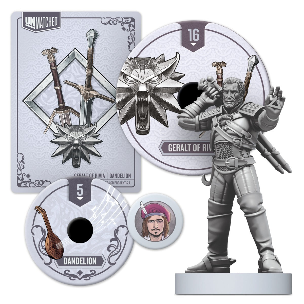 Geralt miniature and components from Unmatched The Witcher Steel and Silver